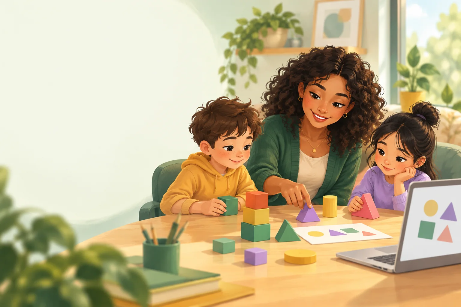 A tutor helps two children explore maths using colourful blocks and shapes
