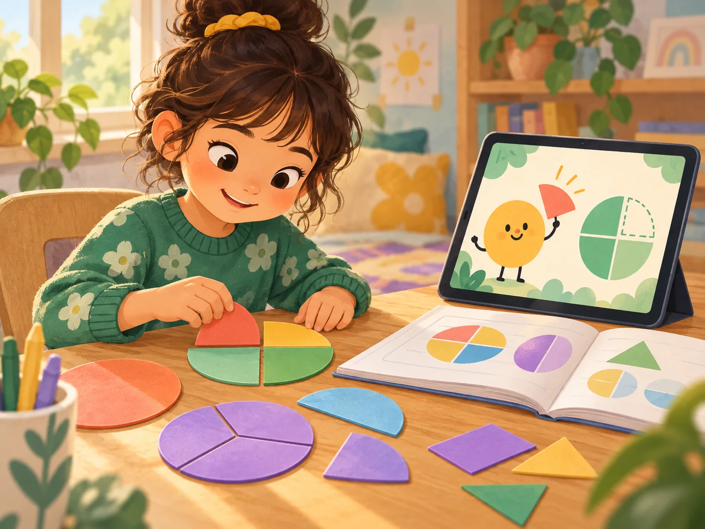 A child explores fractions with colourful pieces and a visual lesson on a tablet